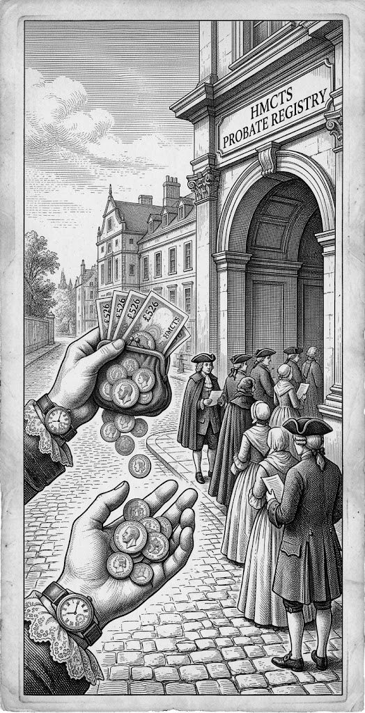 Engraving: a hand offering £526 in coins before the HMCTS Probate Registry, with a queue of people