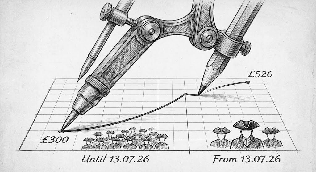 Engraving: a compass drawing the probate fee rising from £300 to £526